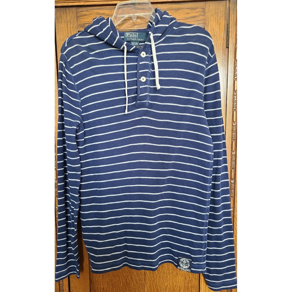 Polo Ralph Lauren Mens Blue White Striped Waffle Knit Henley Hoodie M